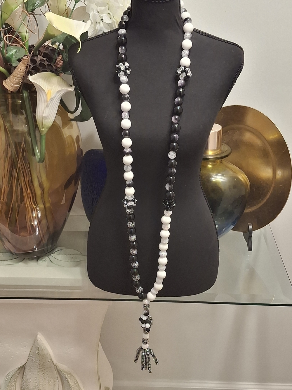 Elegant Black and White Beaded Long Necklace with Tassel